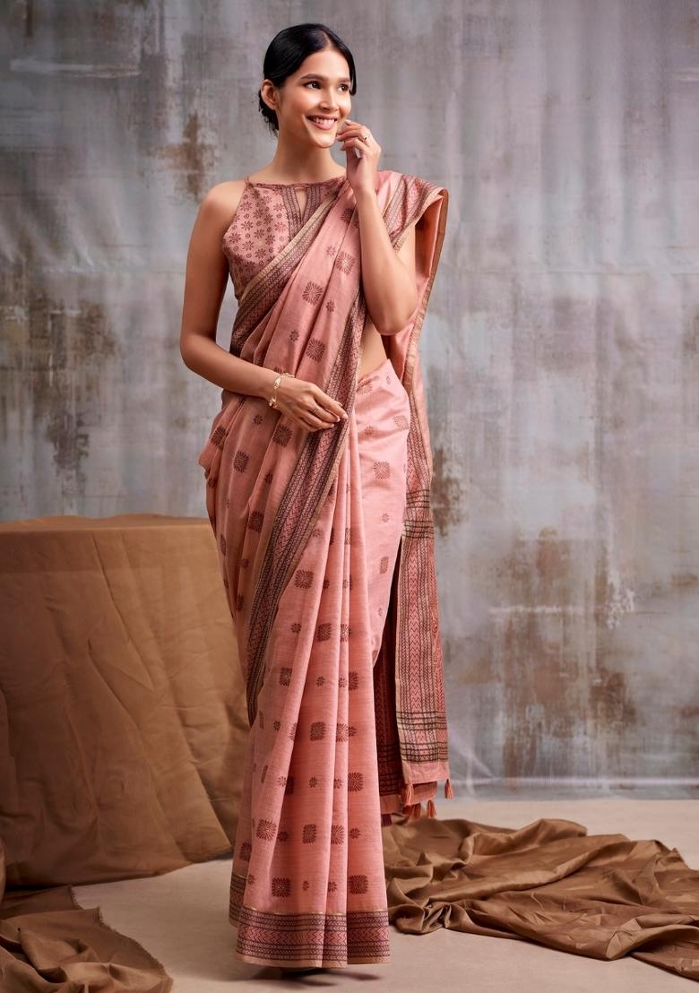 Peach Floral Print Linen Saree Set - Indya