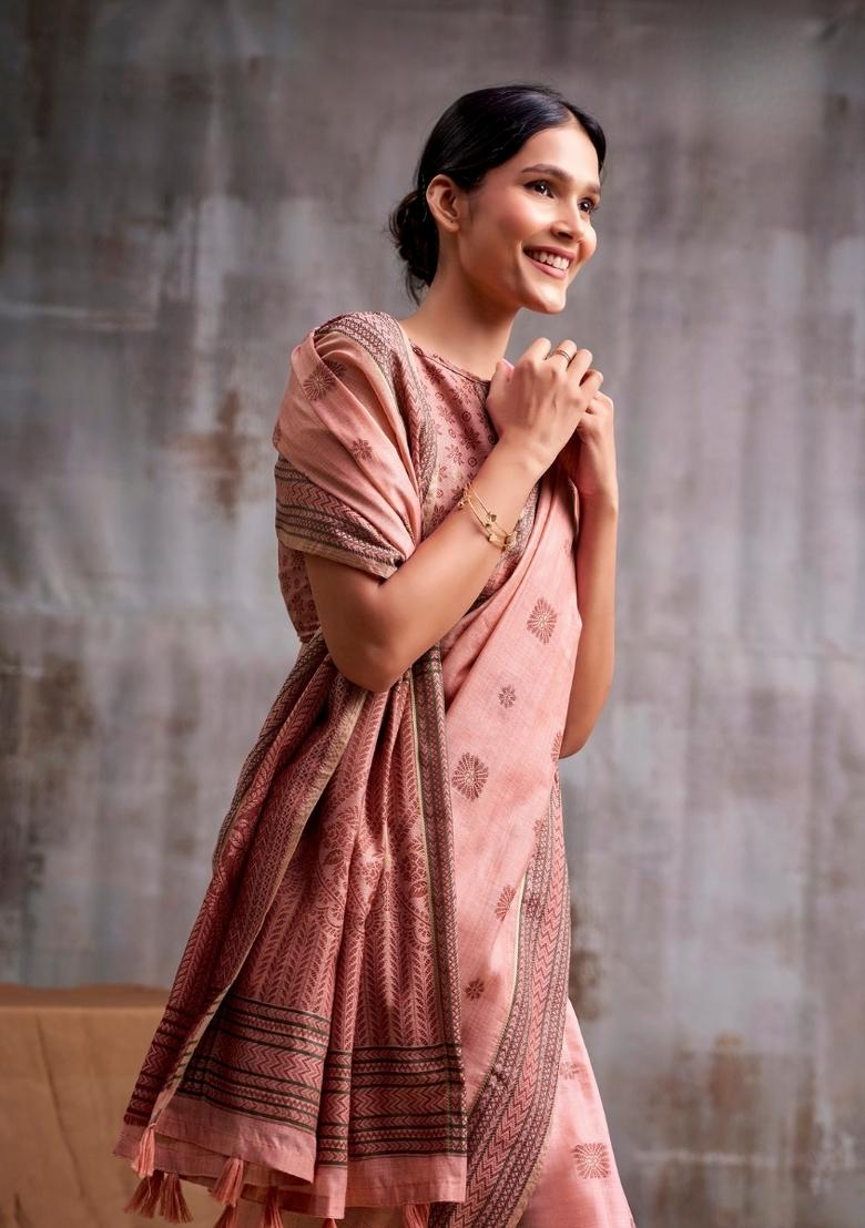 Peach Floral Print Linen Saree Set - Indya