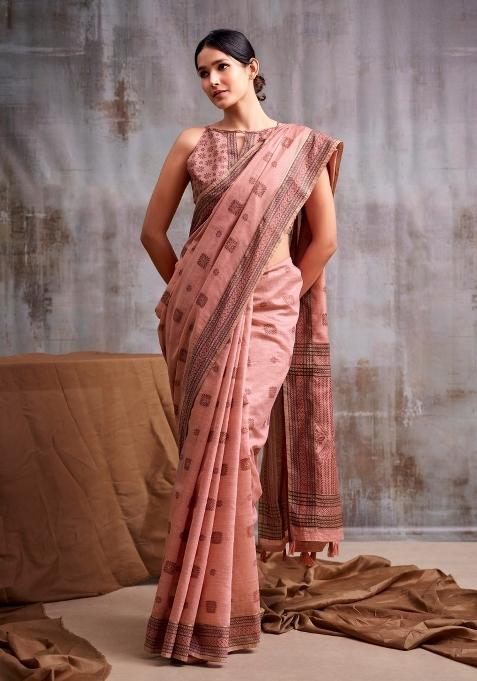 Peach Floral Print Linen Saree Set