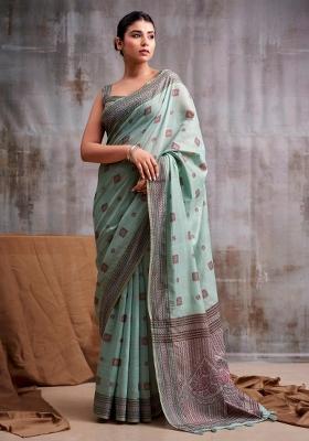 Blue Floral Print Linen Saree Set