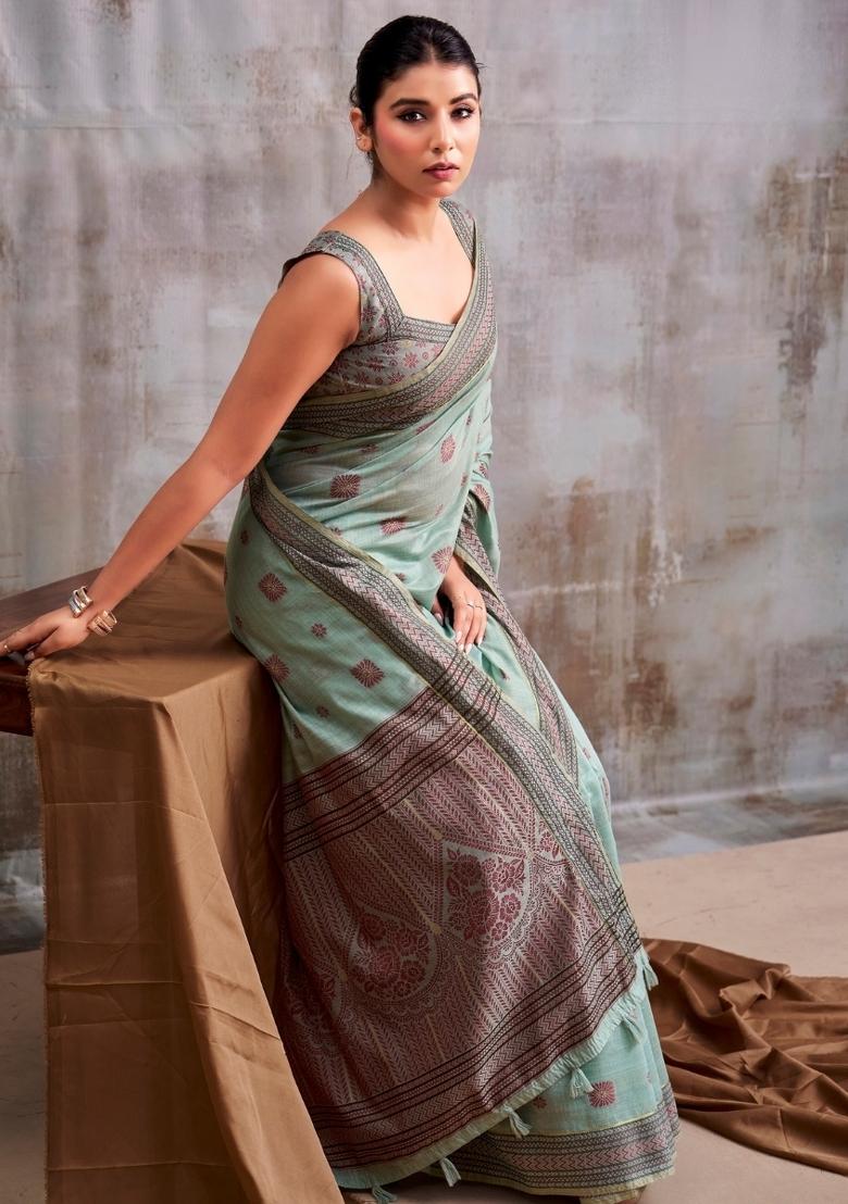 Blue Floral Print Linen Saree Set - Indya