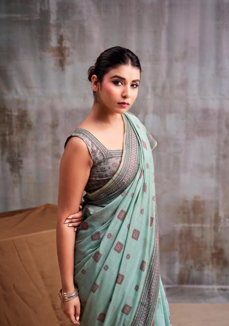 Blue Floral Print Linen Saree Set - Indya