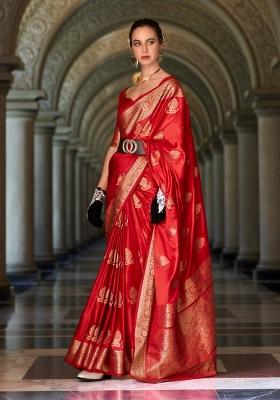 Red Floral Print Silk Blend Saree Set