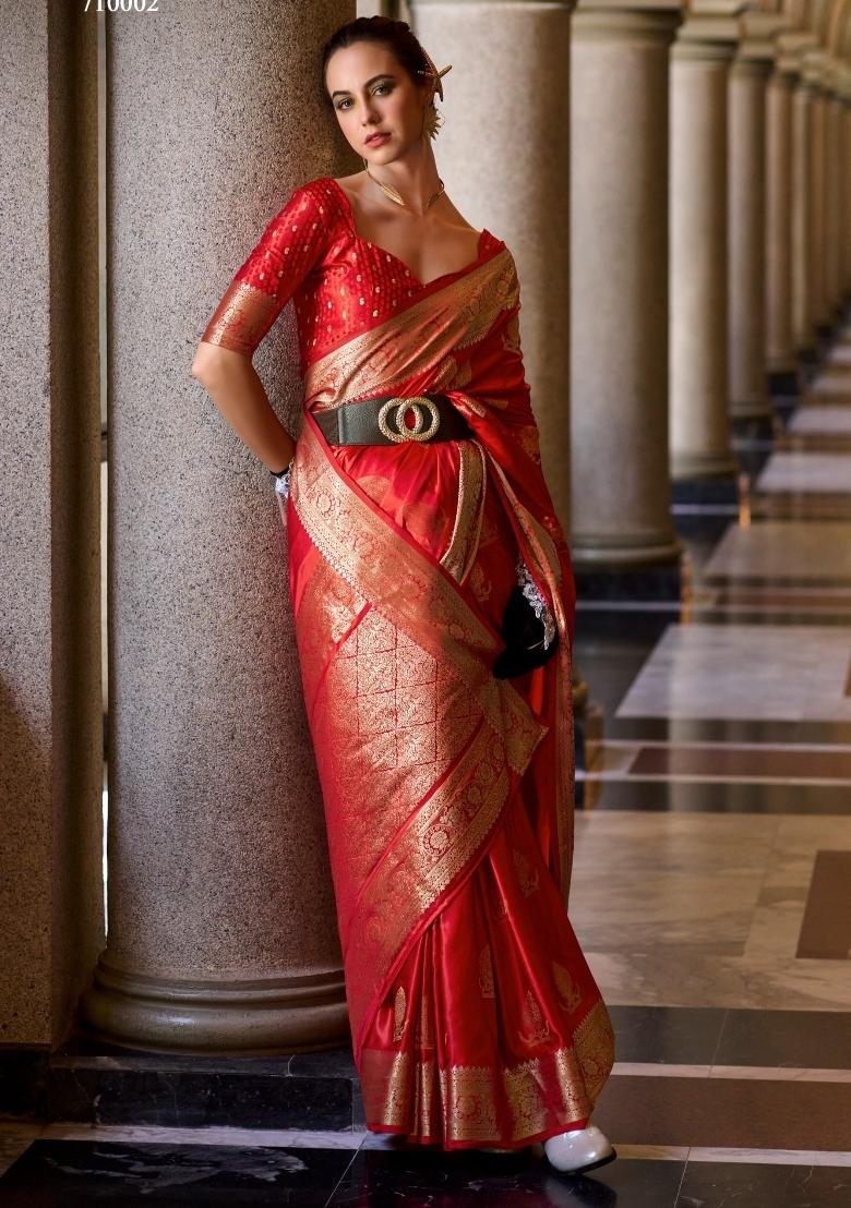 Red Floral Print Silk Blend Saree Set - Indya