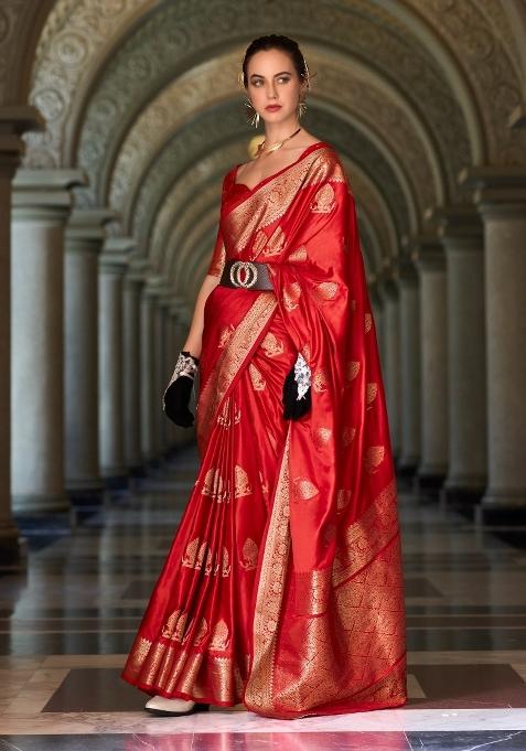 Red Floral Print Silk Saree Set