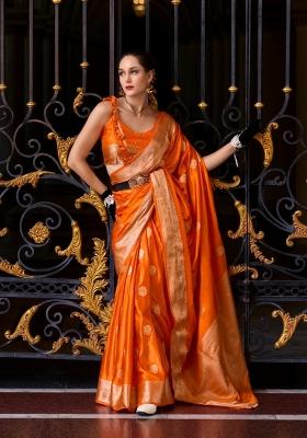 Orange Floral Print Silk Blend Saree Set