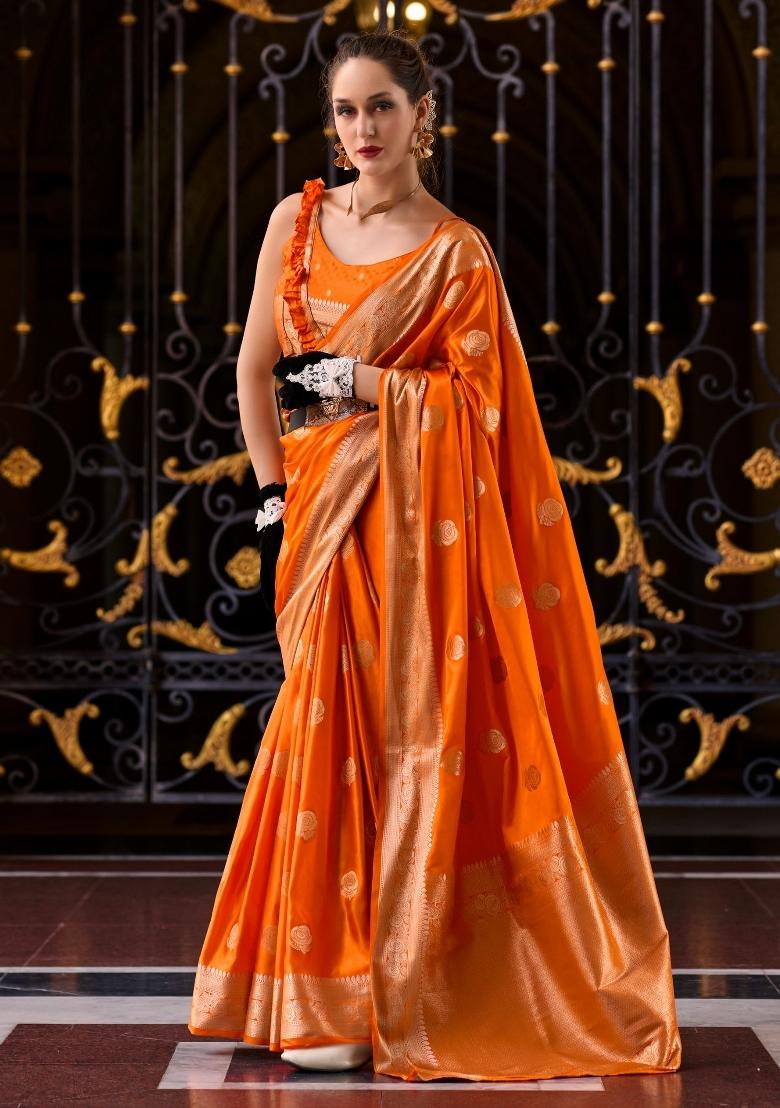 Orange Floral Print Silk Blend Saree Set - Indya