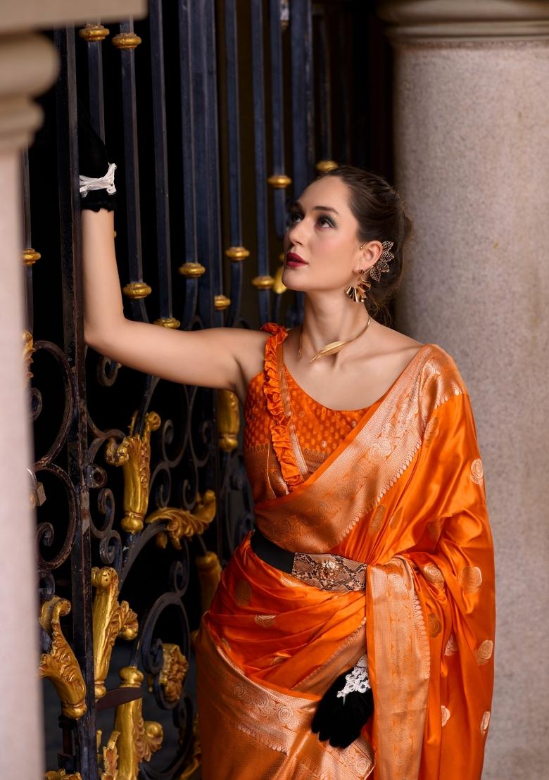 Orange Floral Print Silk Blend Saree Set - Indya