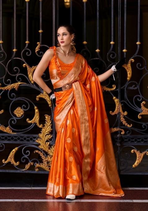 Orange Floral Print Silk Blend Saree Set