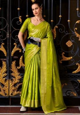 Green Floral Print Silk Blend Saree Set