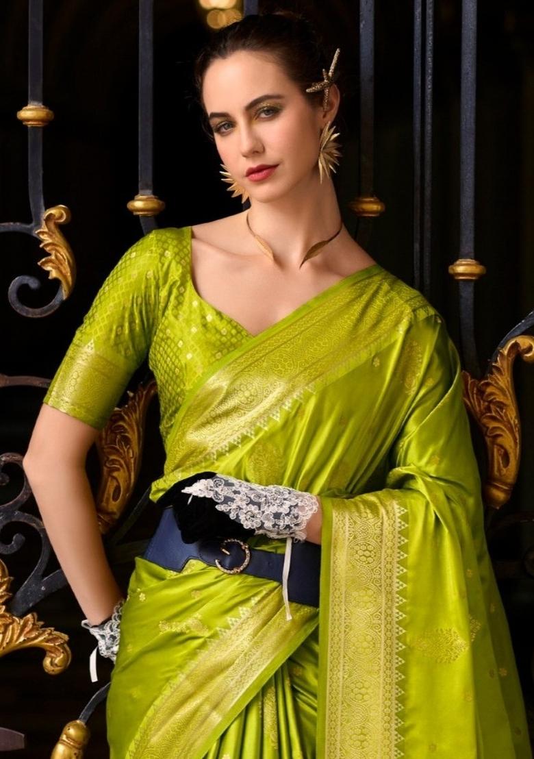 Green Floral Print Silk Blend Saree Set - Indya