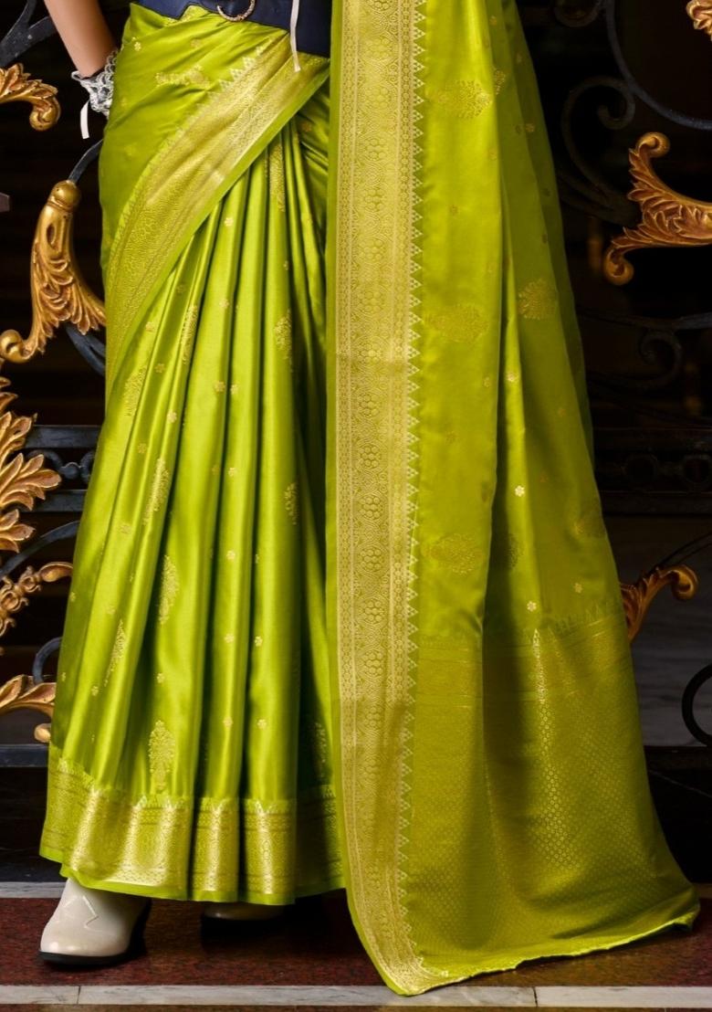 Green Floral Print Silk Blend Saree Set - Indya
