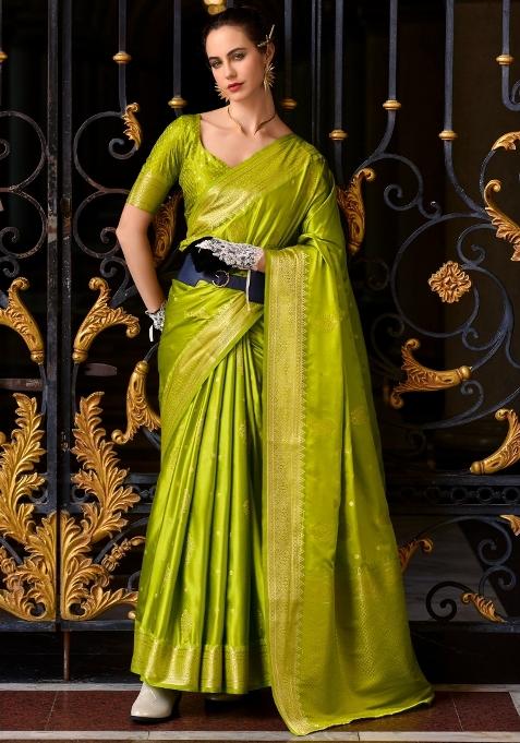 Green Floral Print Silk Blend Saree Set