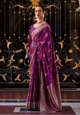 Wine Floral Print Silk Blend Saree Set