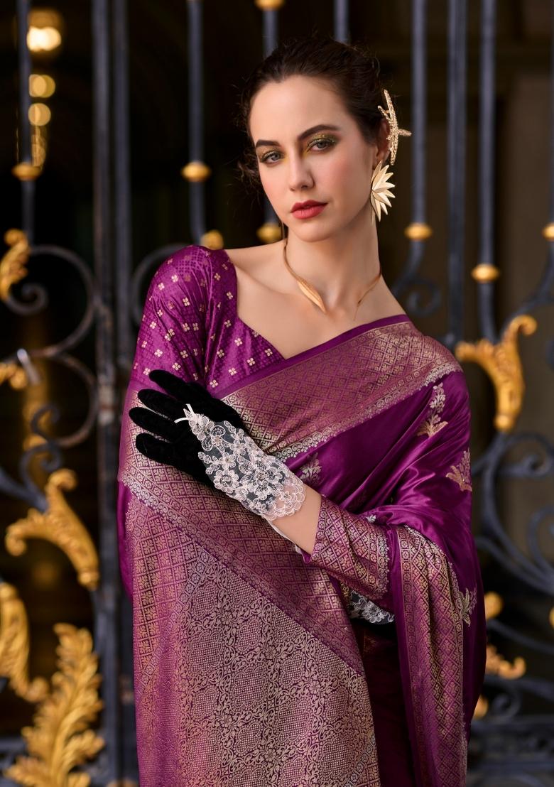 Wine Floral Print Silk Blend Saree Set - Indya