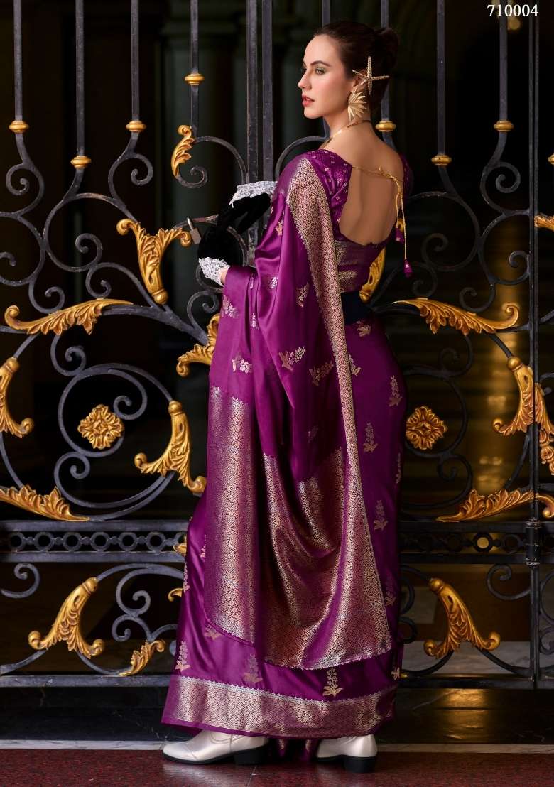 Wine Floral Print Silk Blend Saree Set for Diwali and Festive Wear - Indya