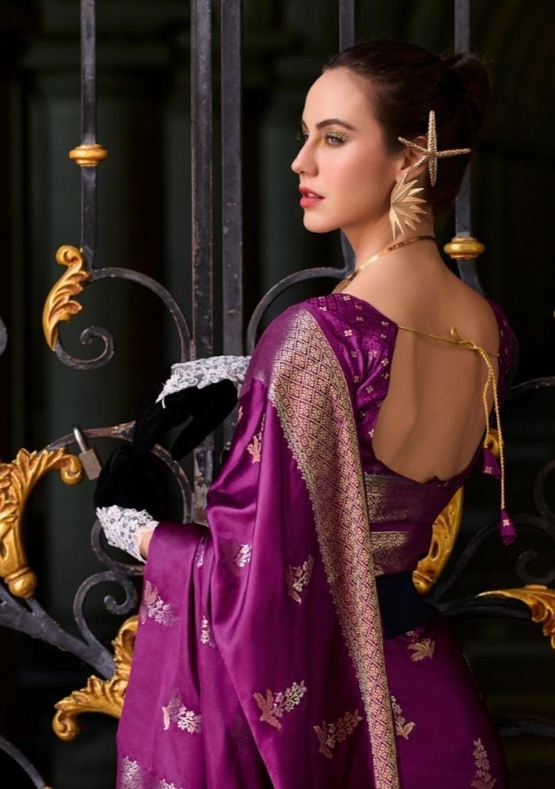 Wine Floral Print Silk Blend Saree Set - Indya