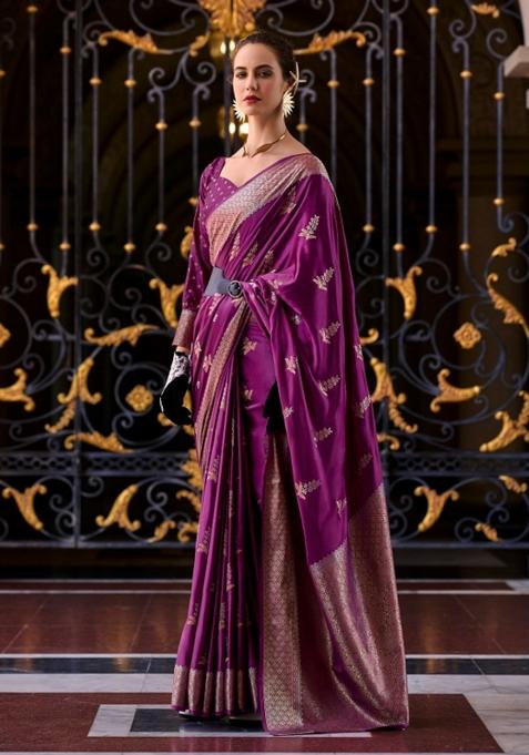 Wine Floral Print Silk Blend Saree Set