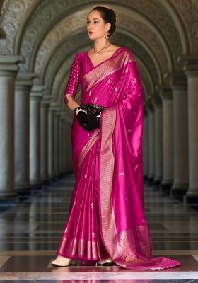 Pink Floral Print Silk Blend Saree Set