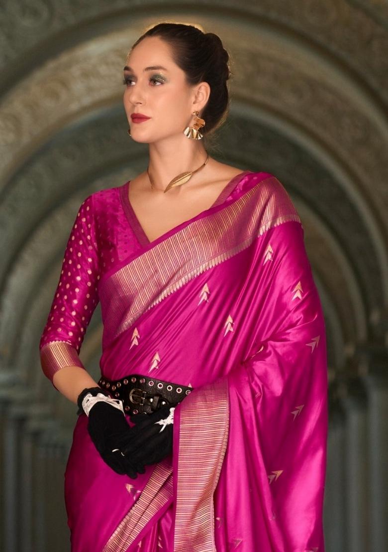 Pink Floral Print Silk Blend Saree Set - Indya