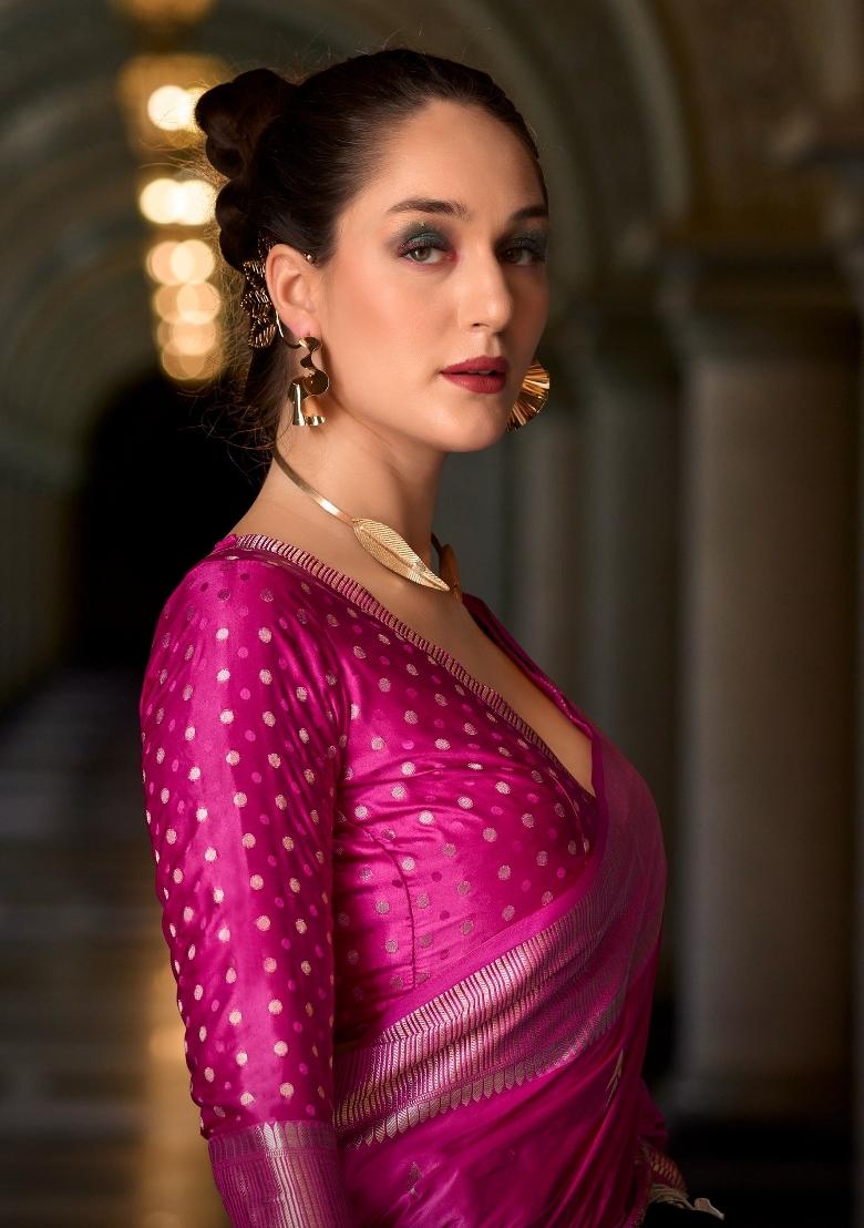Pink Floral Print Silk Blend Saree Set - Indya