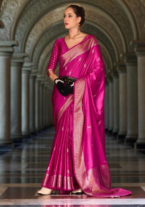 Pink Floral Print Silk Blend Saree Set