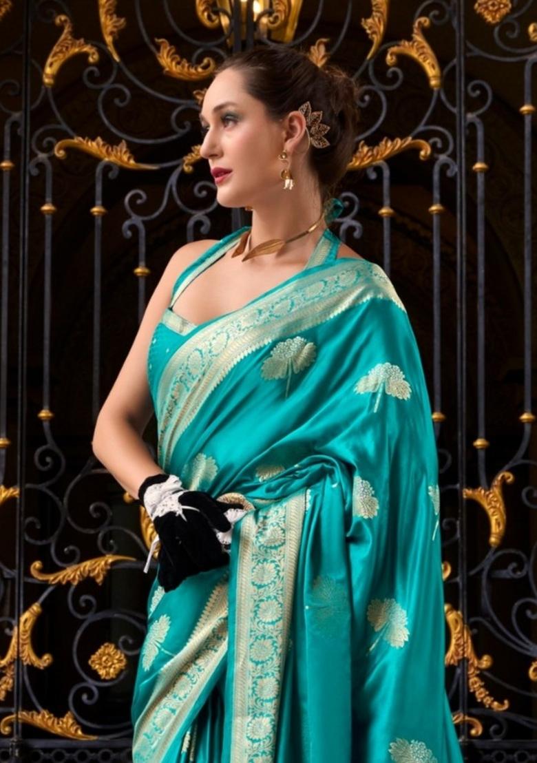 Teal Floral Print Silk Blend Saree Set - Indya