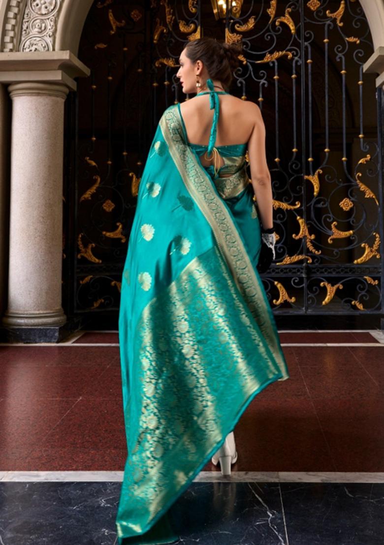 Teal Floral Print Silk Blend Saree Set - Indya