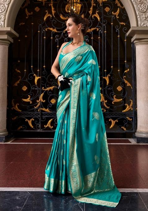 Teal Floral Print Silk Blend Saree Set