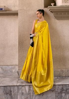 Yellow Floral Print Silk Blend Saree Set