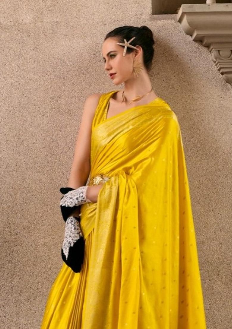 Yellow Floral Print Silk Blend Saree Set - Indya