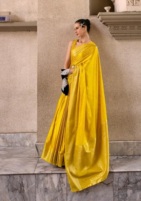 Yellow Floral Print Silk Blend Saree Set