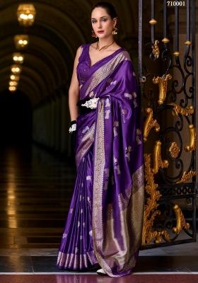 Purple Floral Print Silk Blend Saree Set