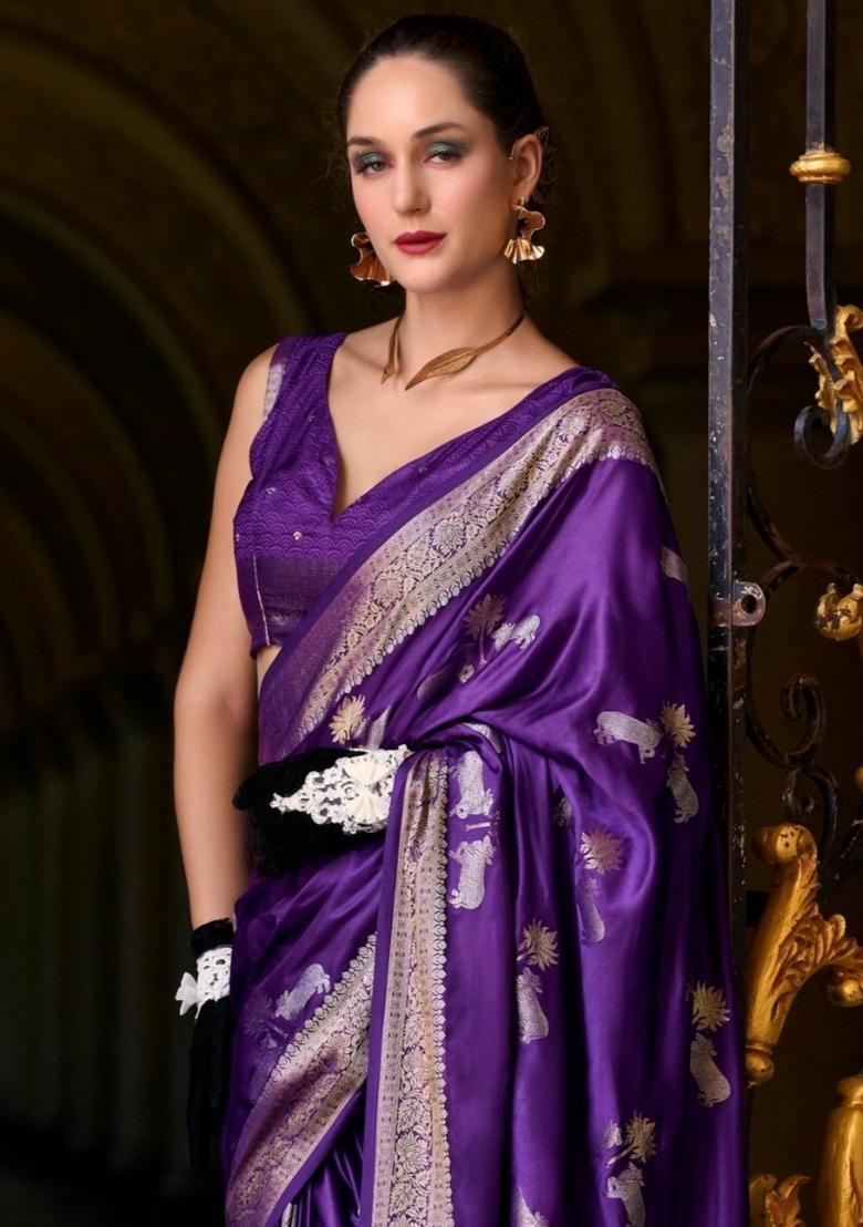 Purple Floral Print Silk Blend Saree Set - Indya