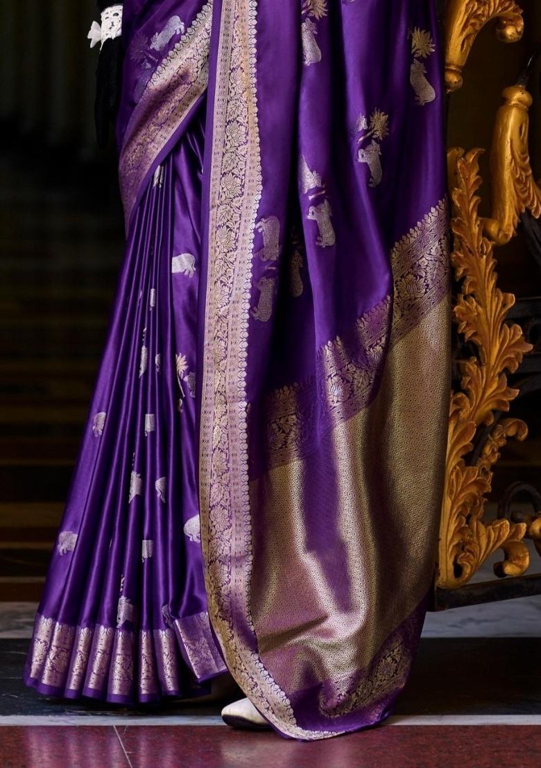 Purple Floral Print Silk Blend Saree Set - Indya