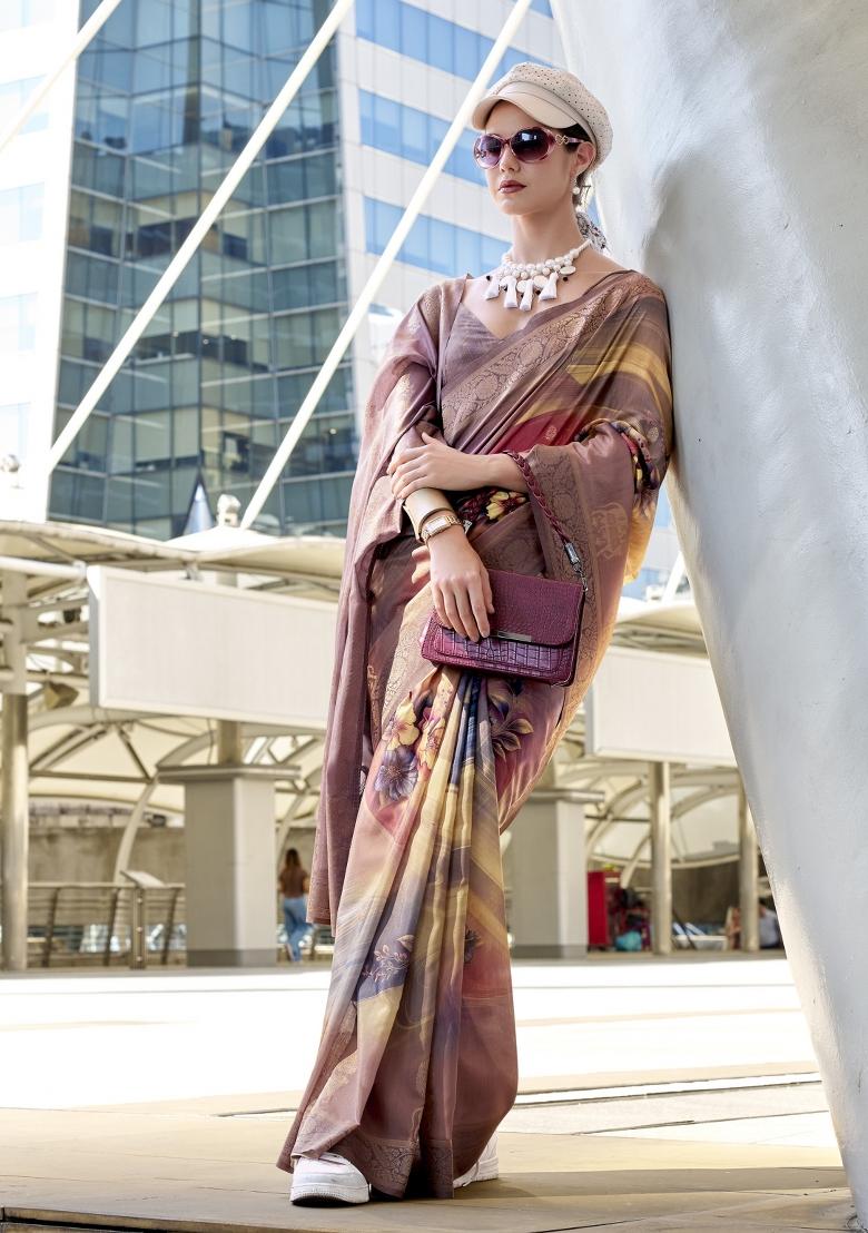 Brown Floral Print Silk Blend Saree Set - Indya