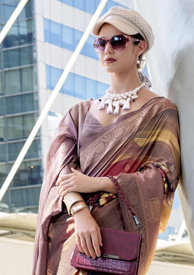 Brown Floral Print Silk Blend Saree Set - Indya
