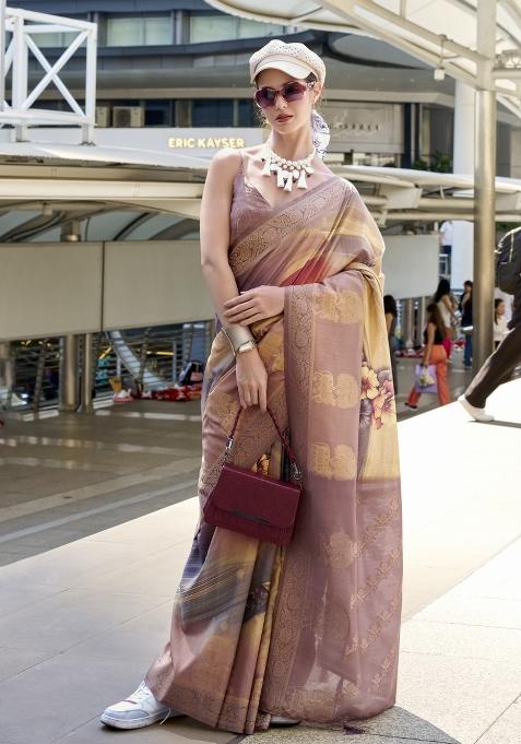 Brown Floral Print Silk Blend Saree Set