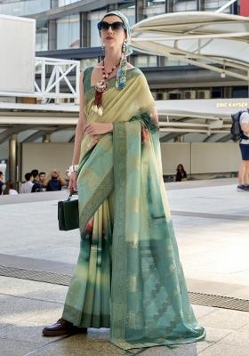 Green Floral Print Silk Blend Saree Set