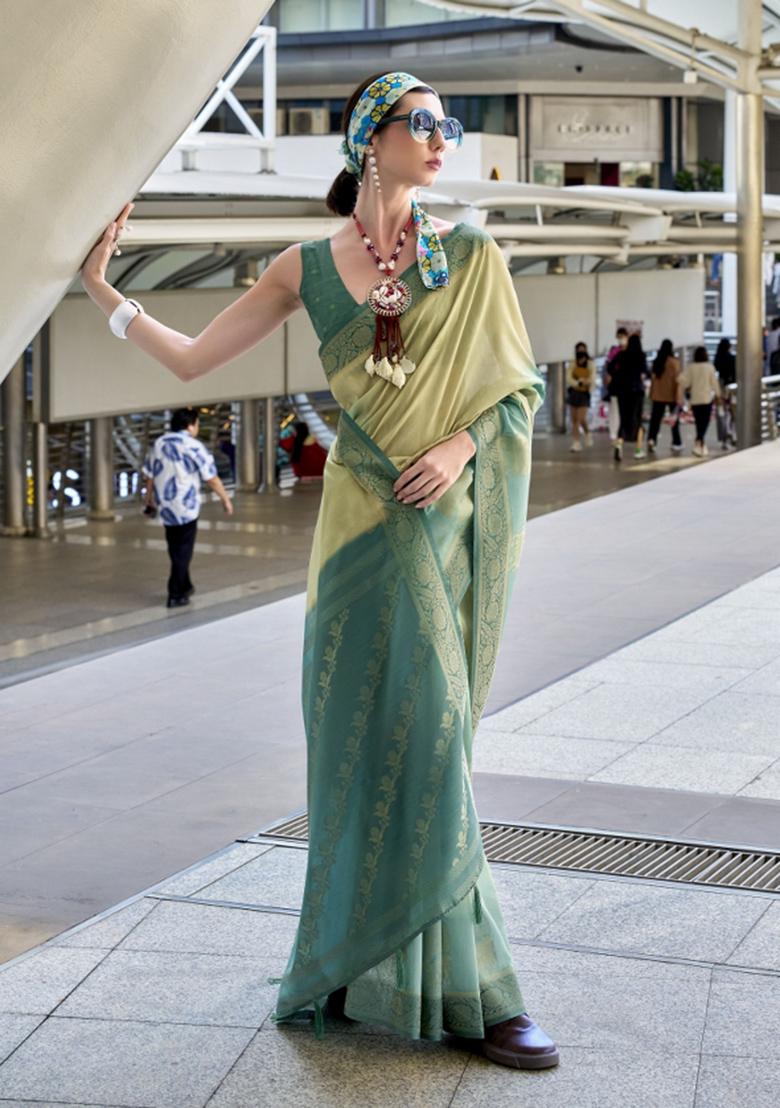 Green Floral Print Silk Blend Saree Set - Indya