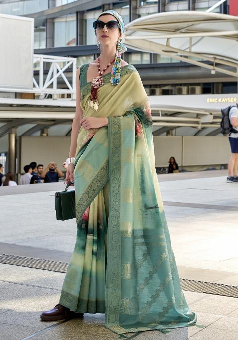 Green Floral Print Silk Blend Saree Set