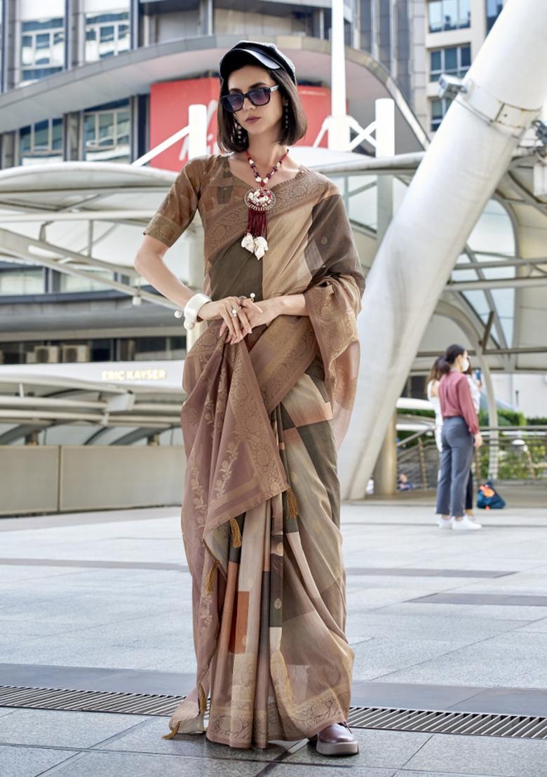 Burgundy Floral Print Silk Blend Saree Set - Indya