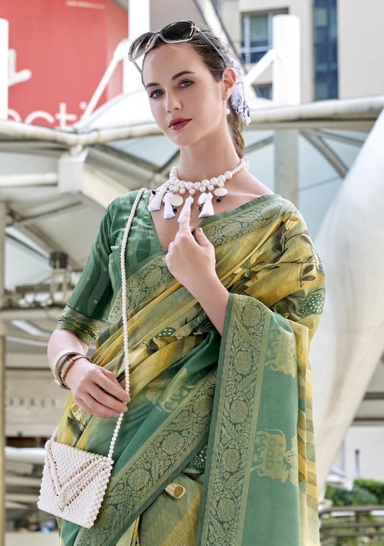 Yellow Floral Print Silk Blend Saree Set - Indya