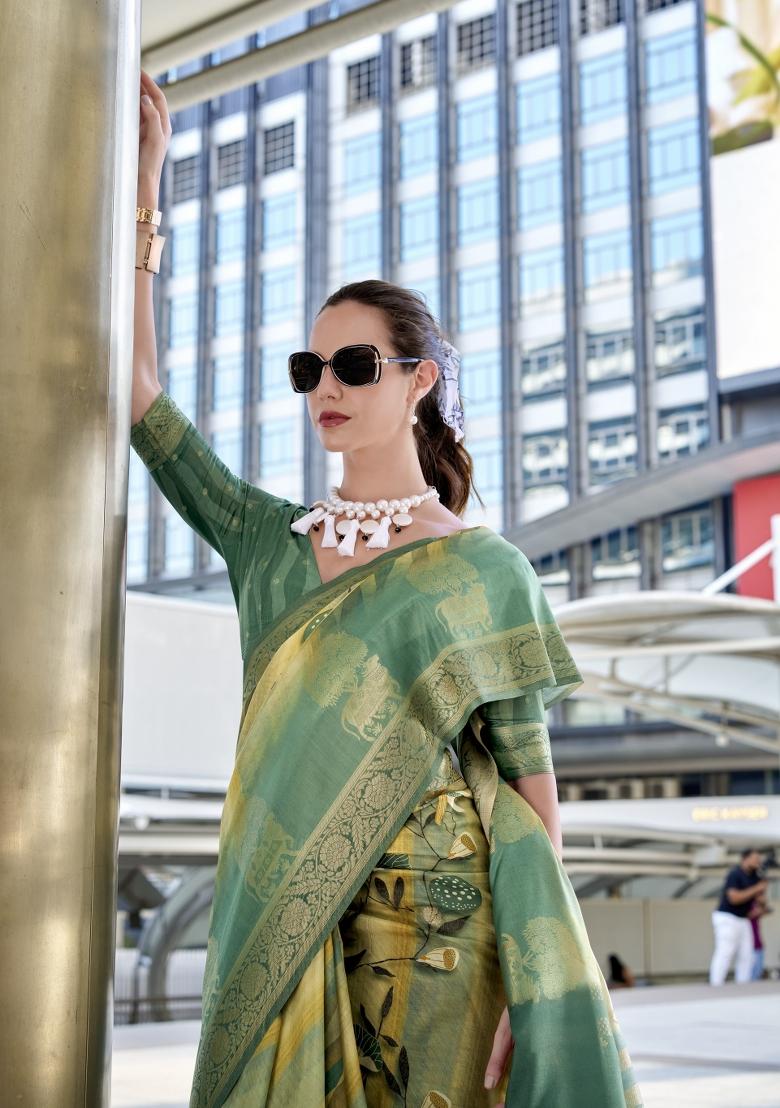 Yellow Floral Print Silk Blend Saree Set - Indya