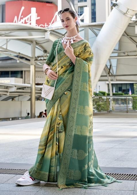 Yellow Floral Print Silk Blend Saree Set