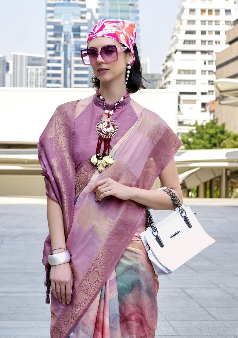 Pink Floral Print Silk Blend Saree Set - Indya