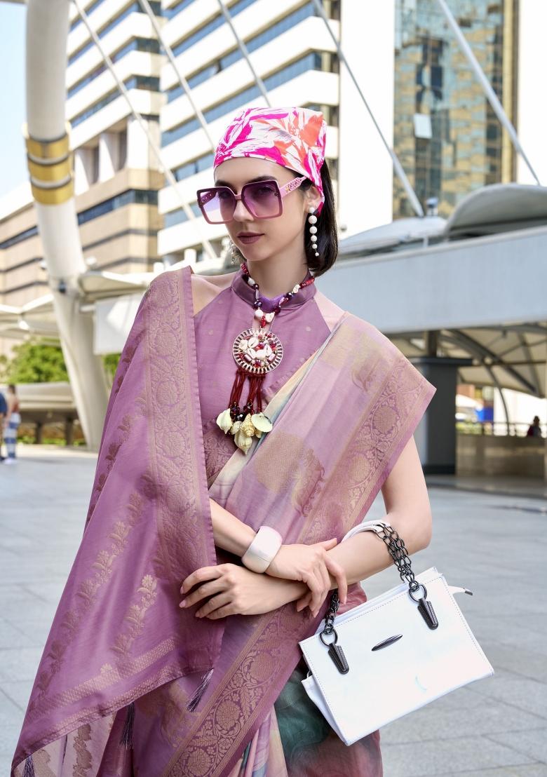 Pink Floral Print Silk Blend Saree Set - Indya