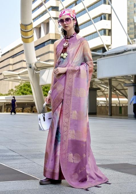 Pink Floral Print Silk Blend Saree Set