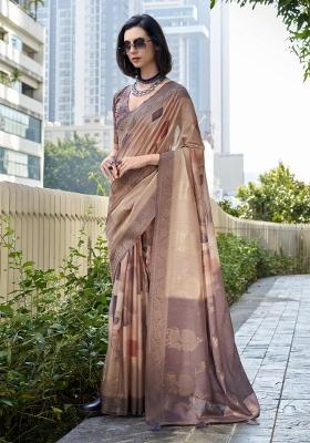 Brown Floral Print Silk Blend Saree Set