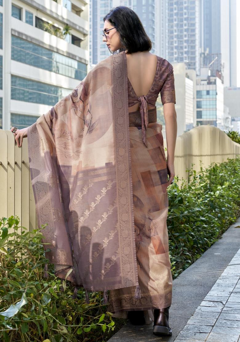 Brown Floral Print Silk Blend Saree Set - Indya
